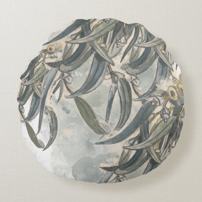 Watercolor Eucalyptus Leaves Greenery Round Pillow (Front)