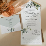 Watercolor Eucalyptus Leaves Greenery Wedding All In One Invitation<br><div class="desc">This elegant collection features mixed watercolor greenery leaves paired with a classy serif & delicate sans font in black,  with a monogram on the back. Matching items available.</div>