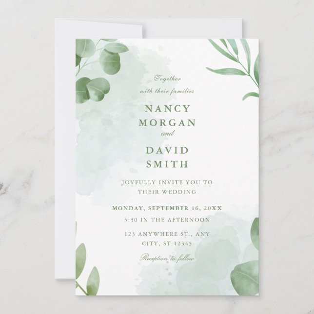 Watercolor Eucalyptus Leaves Greenery Wedding  Invitation (Front)