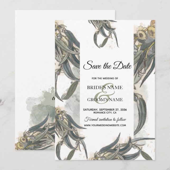 Watercolor Eucalyptus Leaves Greenery Wedding Save The Date (Front/Back)
