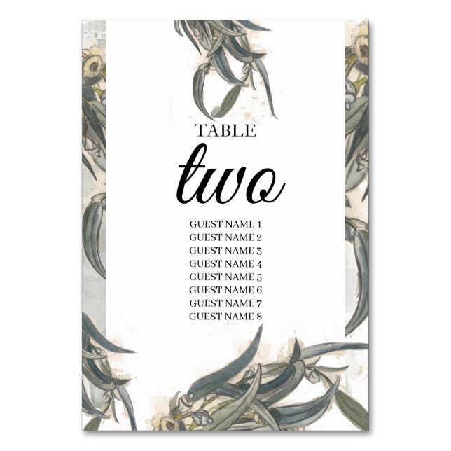 Watercolor Eucalyptus Leaves Greenery Wedding  Table Number (Front)