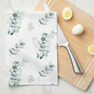 Watercolor eucalyptus leaves  kitchen towel