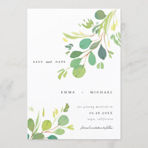 Watercolor Eucalyptus Leaves Save the Date Card