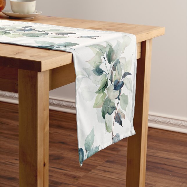 Watercolor eucalyptus leaves short table runner (In Situ)