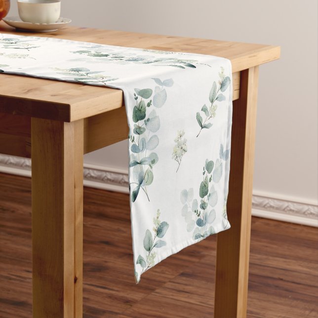 Watercolor eucalyptus leaves  short table runner (In Situ)
