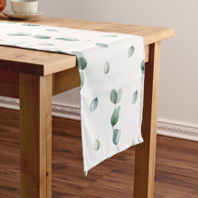 Watercolor eucalyptus leaves  short table runner (In Situ)