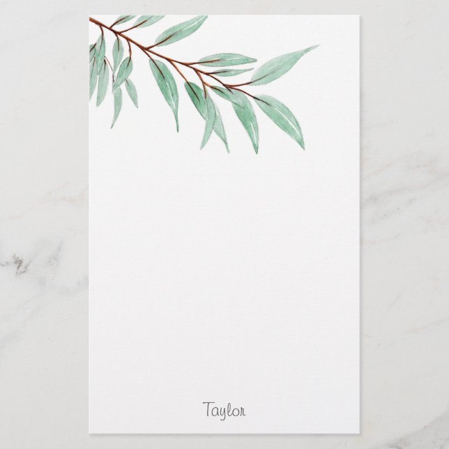 Watercolor Eucalyptus Leaves Stationery (Front)