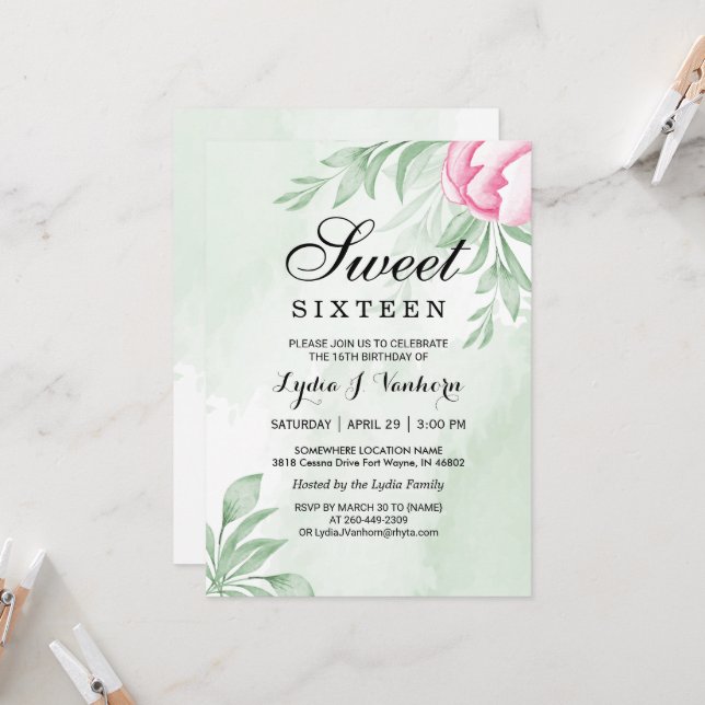 Watercolor Eucalyptus Leaves Sweet 16 Birthday Invitation (Front/Back In Situ)