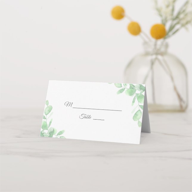 Watercolor Eucalyptus leaves. Woodland wedding Place Card (Front)