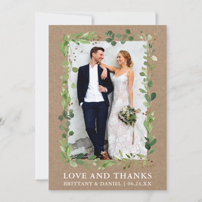 Watercolor Eucalyptus Love Thanks Wedding Kraft Thank You Card (Front)