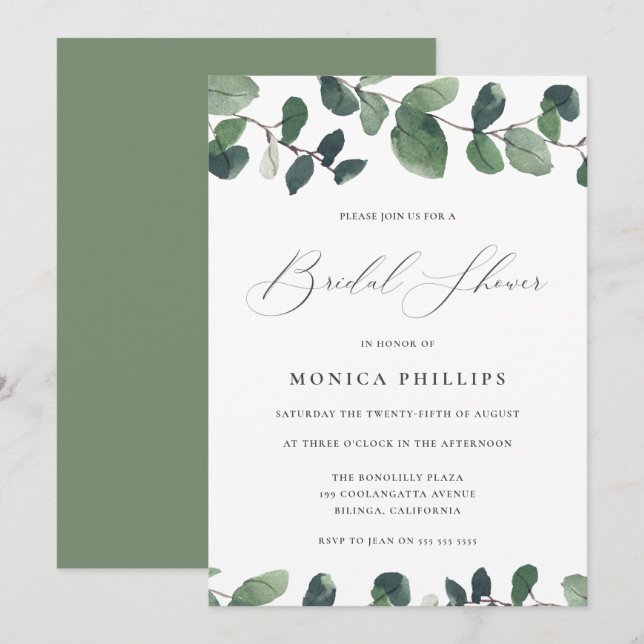 Watercolor Eucalyptus Modern Bridal Shower Invitation (Front/Back)