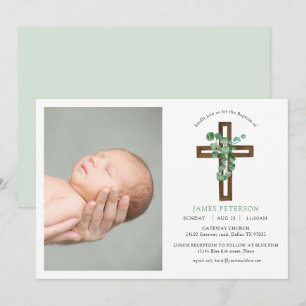 Watercolor Eucalyptus Modern Cross Photo Baptism Invitation