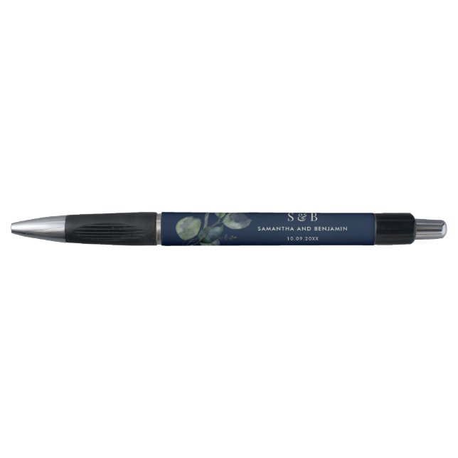 Watercolor Eucalyptus Monogram Wedding Favour Pen (Front)