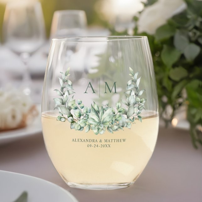 Watercolor Eucalyptus Monogram Wedding Stemless Wine Glass (Creator Uploaded)