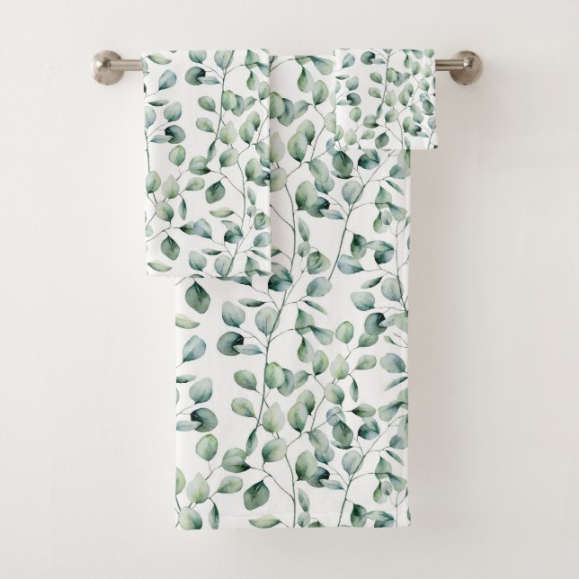 Watercolor Eucalyptus Pattern Bath Towel Set (Insitu)