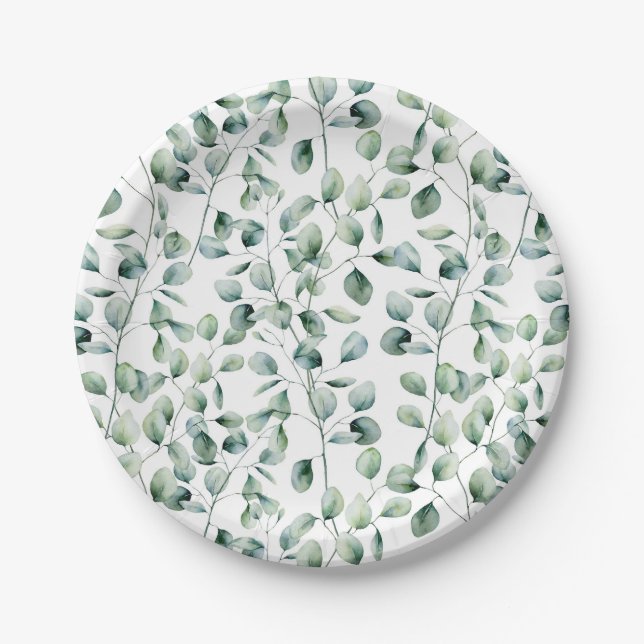 Watercolor Eucalyptus Pattern Paper Plate (Front)