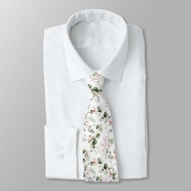 Watercolor Eucalyptus Pattern Tie (Tied)
