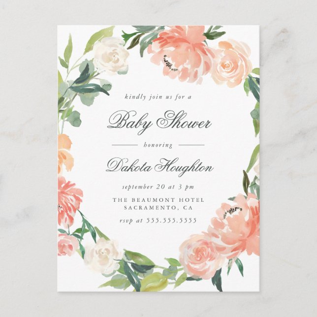 Watercolor Eucalyptus & Peonies Baby Shower Invitation Postcard (Front)