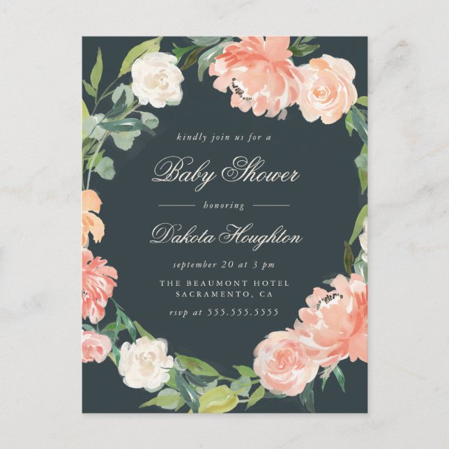 Watercolor Eucalyptus & Peonies Grey Baby Shower Invitation Postcard (Front)