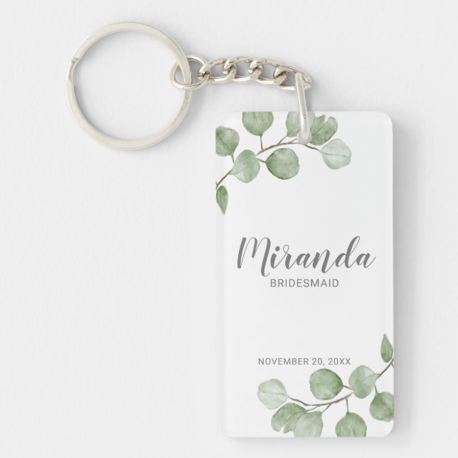 Watercolor Eucalyptus Personalized Bridesmaid Name Keychain (Front)