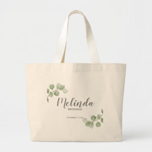 Watercolor Eucalyptus Personalized Bridesmaid Name Large Tote Bag