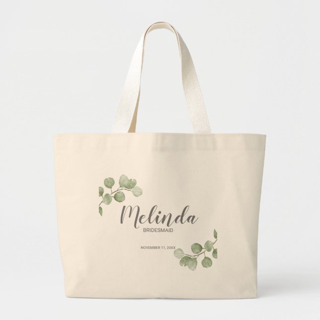 Watercolor Eucalyptus Personalized Bridesmaid Name Large Tote Bag (Front)