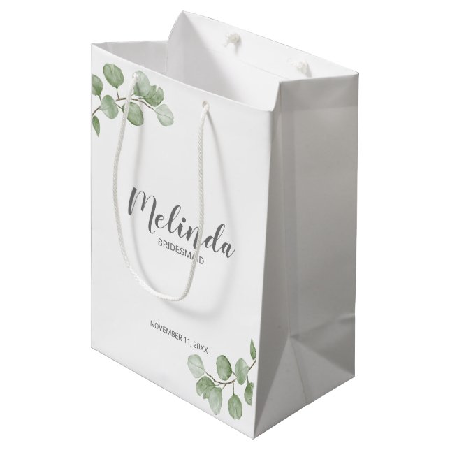 Watercolor Eucalyptus Personalized Bridesmaid Name Medium Gift Bag (Front Angled)