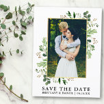 Watercolor Eucalyptus Photo Save The Date Postcard<br><div class="desc">Modern Watercolor Eucalyptus Greenery Frame Save The Date Photo Engagement Announcement Postcard - Gold Frame</div>