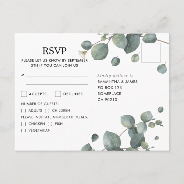 Watercolor Eucalyptus Photo Wedding RSVP Postcard (Front)