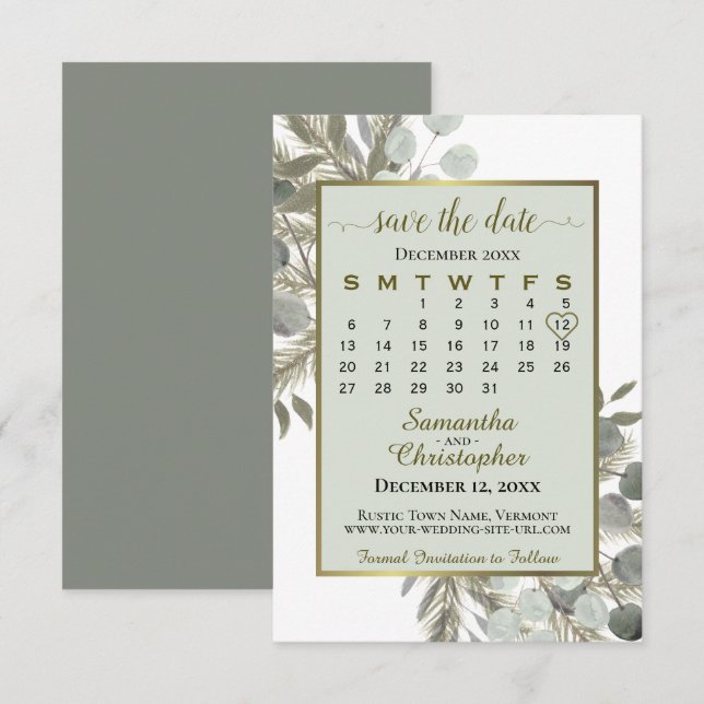 Watercolor Eucalyptus Pine Calendar Sage Wedding Save The Date (Front/Back)