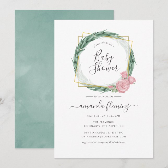 Watercolor Eucalyptus Rose Geometric Baby Shower Invitation (Front/Back)