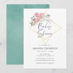Watercolor Eucalyptus Rose Geometric Baby Shower Invitation