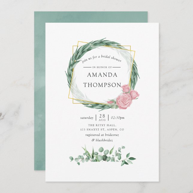 Watercolor Eucalyptus Rose Geometric Bridal Shower Invitation (Front/Back)