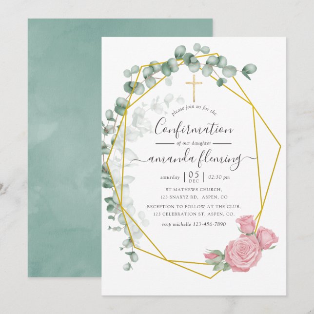 Watercolor Eucalyptus Rose Geometric Confirmation Invitation (Front/Back)