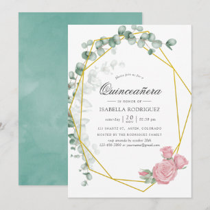 Watercolor Eucalyptus Rose Geometric Quinceañera Invitation