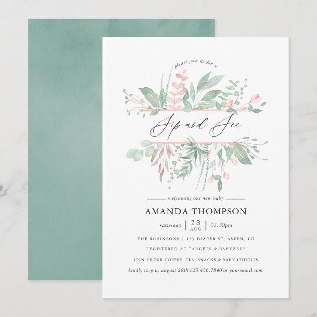 Watercolor Eucalyptus Rose Geometric Sip and See Invitation (Front/Back)