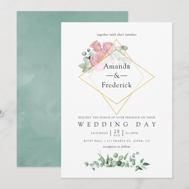 Watercolor Eucalyptus Rose Geometric Wedding Invitation (Front/Back)