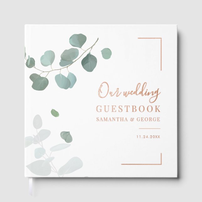 Watercolor Eucalyptus Rose Gold Foil Wedding Guest Book (Front)