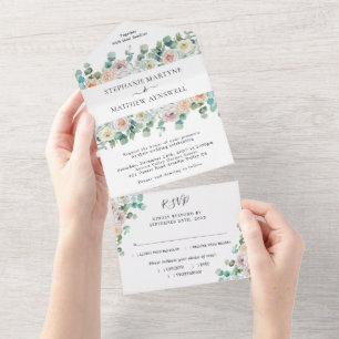 Watercolor Eucalyptus Roses Floral Wedding All In One Invitation