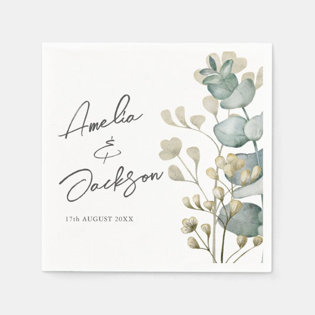 Watercolor Eucalyptus Sage Green Wedding Napkin (Front)