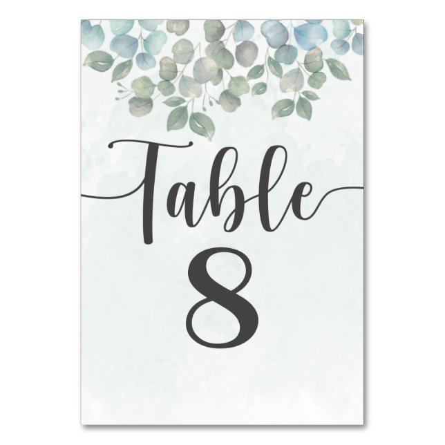 Watercolor Eucalyptus Sage Green Wedding Table Number (Front)