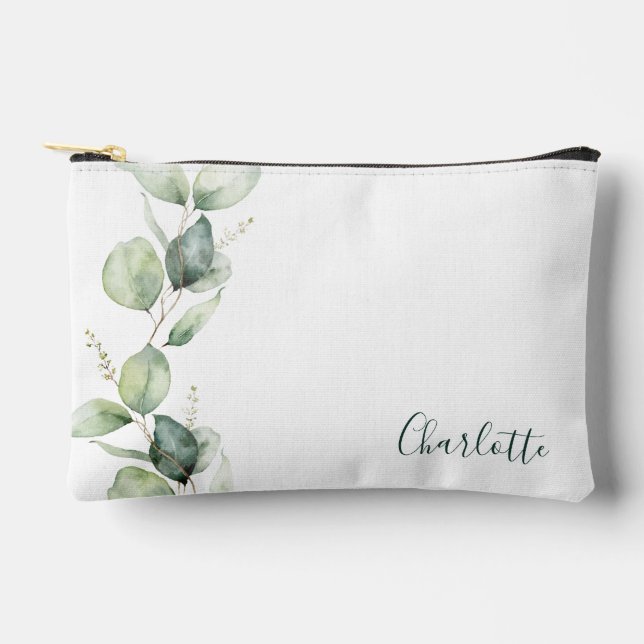 Watercolor Eucalyptus Script Custom Accessory Pouch (Front)