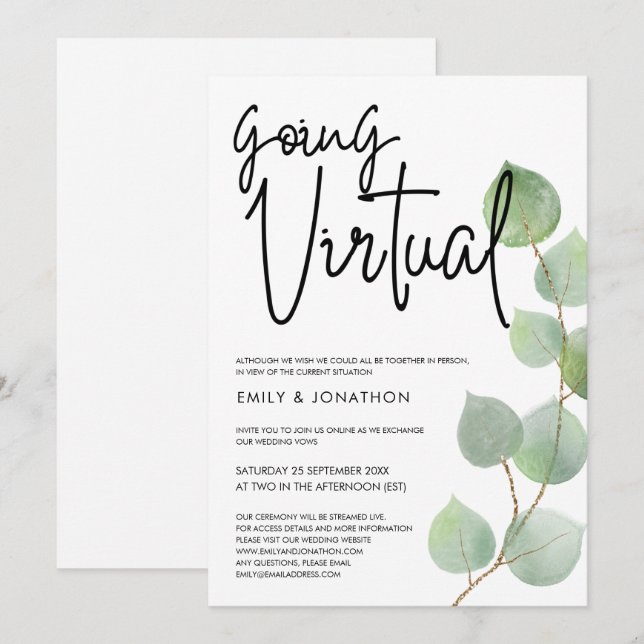 Watercolor Eucalyptus Script Virtual Wedding Invitation (Front/Back)