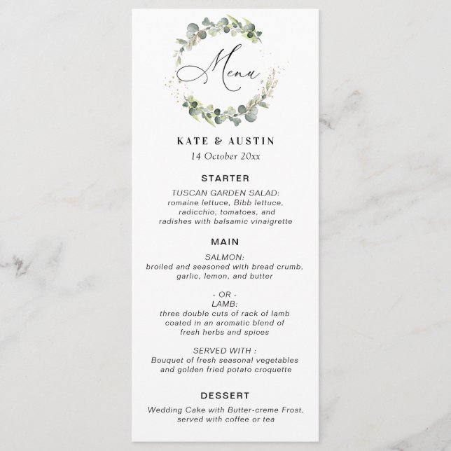 Watercolor eucalyptus script wedding menu (Front)
