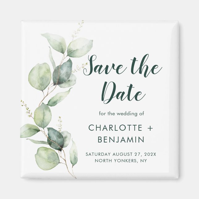 Watercolor Eucalyptus Script Wedding Save the Date Magnet (Front)