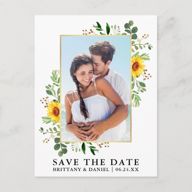 Watercolor Eucalyptus Sunflower Save The Date Postcard (Front)