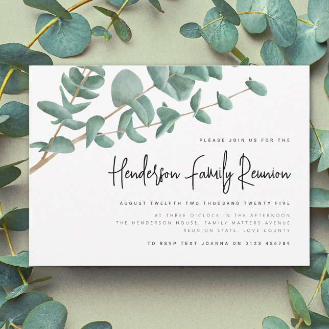 Watercolor Eucalyptus Tree Family Reunion Invitation (Watercolor Eucalyptus tree branch family reunion invitation Modern elegant script)