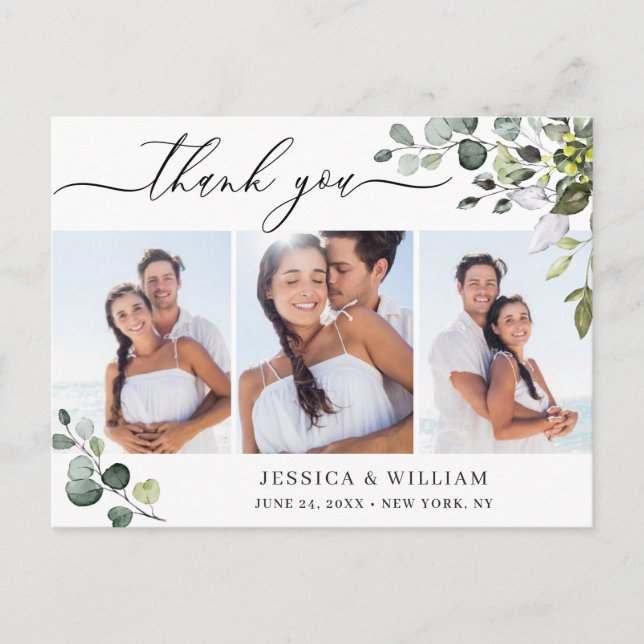 Watercolor Eucalyptus Wedding 3 Photo Thank You Postcard (Front)