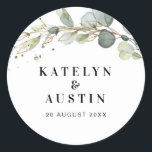 Watercolor eucalyptus wedding classic round sticker<br><div class="desc">A greenery design with a navy blue background colour with watercolor eucalyptus foliage. The text details and colours can be edited.</div>