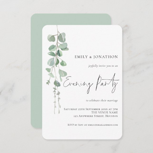 Watercolor Eucalyptus Wedding Evening Party Invitation (Front/Back)